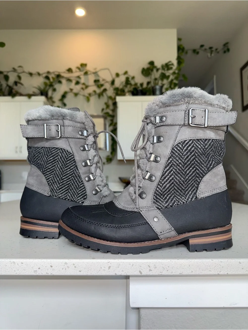 Rock & Candy Gray and Black Lace-Up Winter Boots with Faux Fur Trim